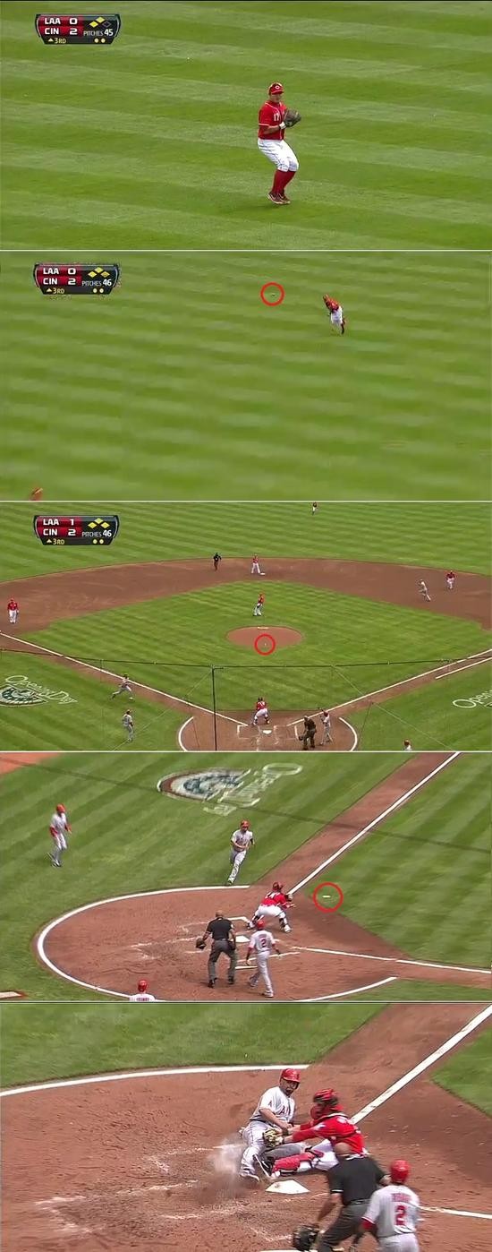신시내티 추신수가 5일 LA 에인절스전에서 정확한 레이저 송구로 홈에 파고드는 주자를 잡는 듯 했지만 애매한 판정으로 시즌 첫 보살을 다음 기회로 미뤘다. / MLB.com 영상 캡처