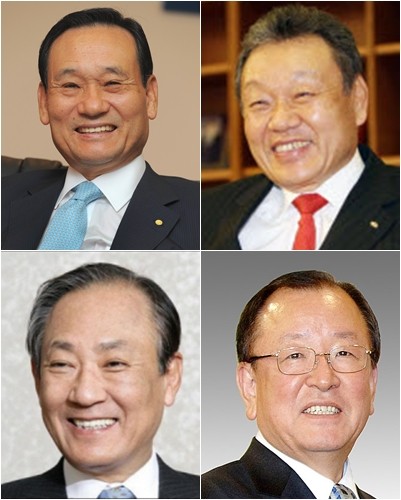 한때 금융권 4대 천왕이라고까지 불렸던 MB맨들의 설 자리가 좁아지고 있다. (왼쪽 위부터 시계방향) 이팔성 우리금융지주 회장과 어윤대 KB금융지주 회장에 대한 사퇴 압박은 거세지고, 강만수 산은금융지주 회장과 김승유 미소금융재단 이사장(전 하나금융지주 회장)은 조기 퇴진했다.