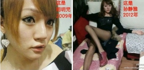 한 네티즌이 중국 레이싱모델 순징야(오른쪽)가 원래 남자라며 성전환 모델 위에위에얼(왼쪽)과 동일인물이라 주장했다./웨이보 캡처