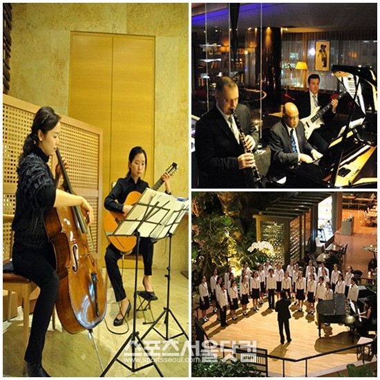 봄을 맞아 특급호텔들이 음악회를 열고 나들이 고객들의 발길잡기에 나서고 있다. 팔래스호텔의 일요음악회(왼쪽부터 시계방향) , 리츠 칼튼 재즈 공연, 하얏트 리젠시 제주의 작은 콘서트