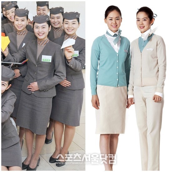 18일 경향신문은 아시아나항공(왼쪽)이 바지 유니폼을 신청한 일부 여성 승무원에게 인사고가 반영 등을 이유로 취소하라고 압박했다고 보도했다. 대한항공은 지난 2005년부터 여성 승무원 바지 유니폼을 도입했다.