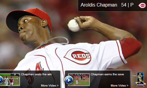완벽한 마무리로 방어율 0을 기록하고 있는 신시내티 레즈의 아롤디스 채프먼. / 엠엘비닷컴(www.mlb.com)
