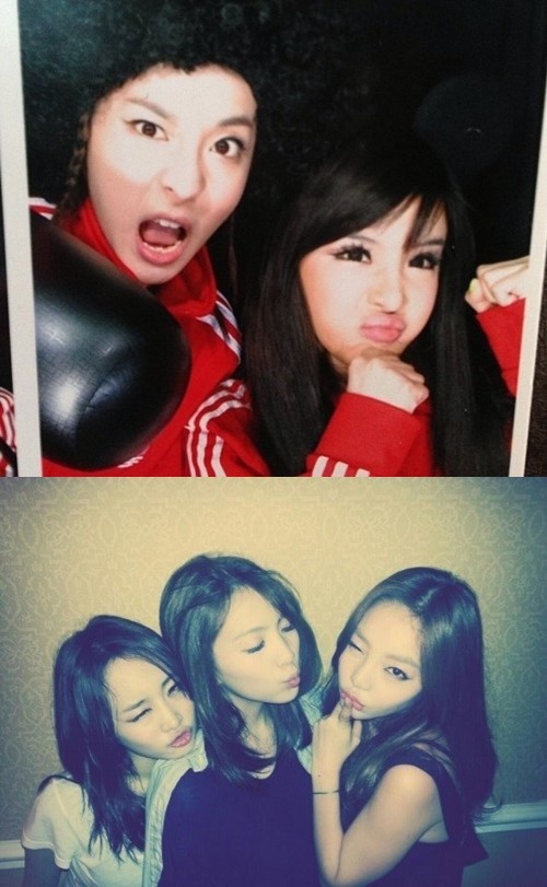 색다른 콘셉트의 사진을 공개한 2NE1 산다라박·박봄(위)과 카라 니콜·강지영·구하라(왼쪽부터)/박봄 트위터, 니콜 트위터