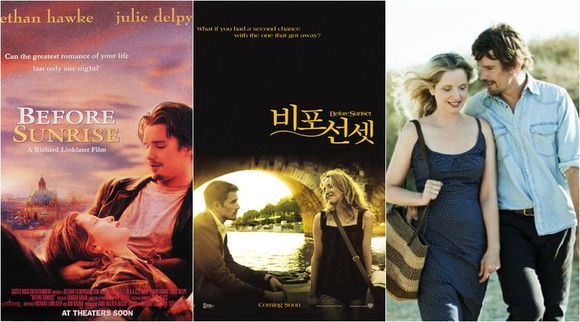 영화 비포 선라이즈, 비포 선셋, 비포 미드나잇(왼쪽부터)./ 영화비포 선라이즈 포스터, 비포 선셋 포스터, 비포 미드나잇 스틸 컷