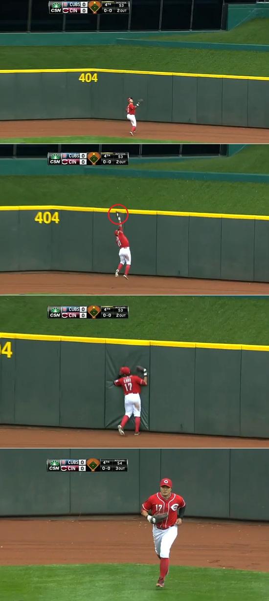 신시내티 추신수가 24일 시카고 컵스전에서 4회초 2사 2루 위기에서 환상적인 수비로 팀을 실점 위기에서 구했다. / MLB.com 영상 캡처