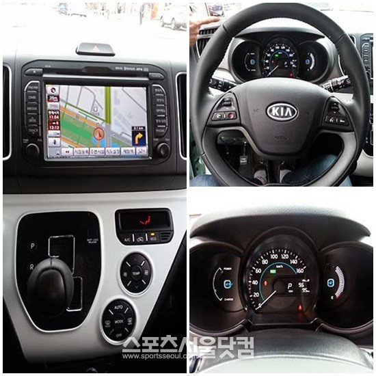 속도계 왼쪽에 모터 소비전력과 에너지 충전 상태를 보여주는 모터 작동표시계를 배치하는 등 실내 디자인에서 전기차 특유의 개성이 돋보인다.