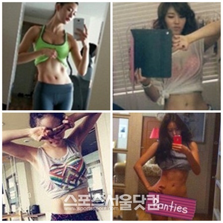 빼어난 복근을 자랑 하는 여자 스타들. (왼쪽 위부터 시계방향으로 클라라, 전효성, 전혜빈, 니콜 ) / 출처=클라라 트위터, 전효성 트위터, 전혜빈 트위터, 카라 공식 SNS