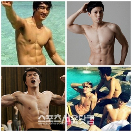 빼어난 복근을 자랑 하는 남자 스타들. (왼쪽 부터 시계방향으로 송승헌, 허경환, 은혁, 권상우) / 송승헌 트위터, 허경환 트위터, 은혁 트위터, SBS야왕 방송 캡처