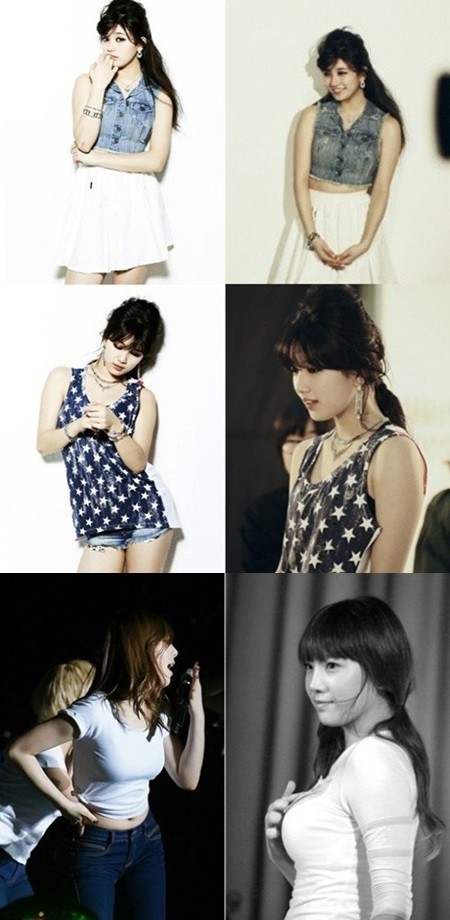 직찍사진으로 빼어난 몸매를 자랑한 미쓰에이 수지(위)와 소녀시대 태연(아래)/온라인 커뮤니티