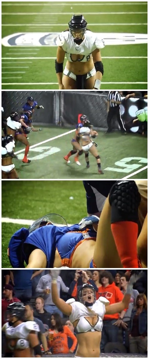 란제리 풋볼리그 로스앤젤레스의 애슐리 살레르노가 남자 못지않은 강력한 몸싸움을 보여 화제다. / 유튜브 캡처