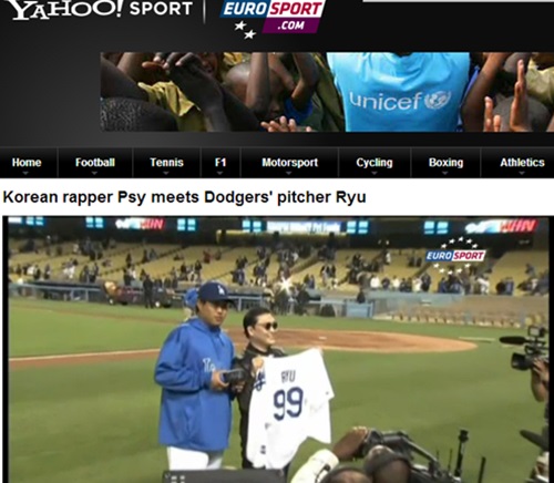 1일 유럽 스포츠 전문 매체 유로스포트가 LA 다저스 류현진과 가수 싸이의 만남을 비중 있게 보도해 화제다. / 유로스포트 홈페이지 캡처