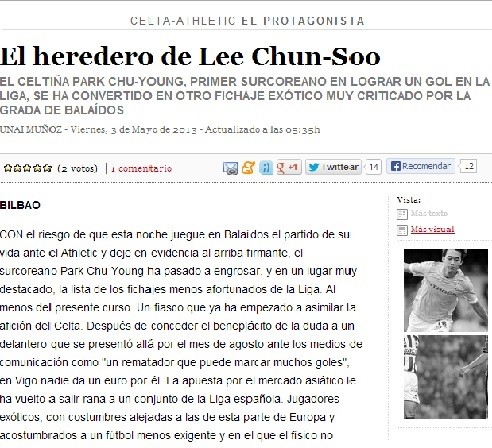 3일(현지시각) 10년 전 이천수와 비교하며 박주영을 강하게 비난한 스페인 바스크 지역 언론 데이아/ 데이아 홈페이지 캡처