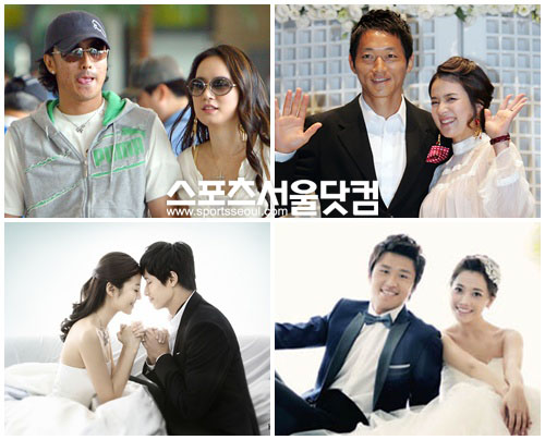 안정환-이혜원, 김남일-김보민, 이호-양은지, 정조국-김성은(왼쪽 위부터 시계 방향)은대표적인 축구 선수와 미녀 스타 부부이다. 더팩트 DB.
