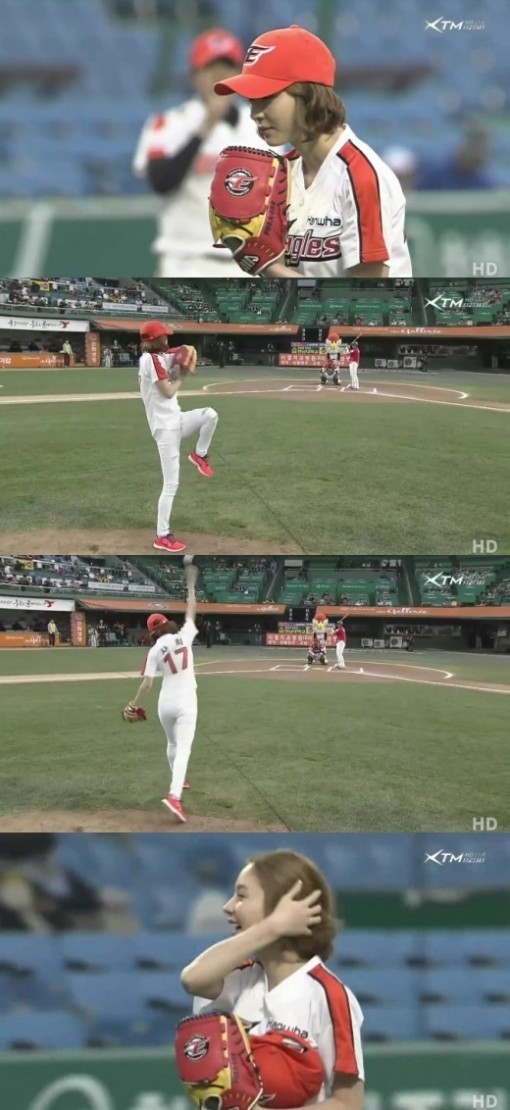 지난 3일 대전구장에서 열린 한화와 SK의 경기에서 상의 유니폼과 흰색 긴 바지를 깔끔하게 차려입고 시구하고 있는 배우 사희. 당시 그는 경기가 끝날 때까지 한화를 열렬히 응원하기도 해 개념 시구로 화제를 모았다. / XTM 방송 화면 캡처