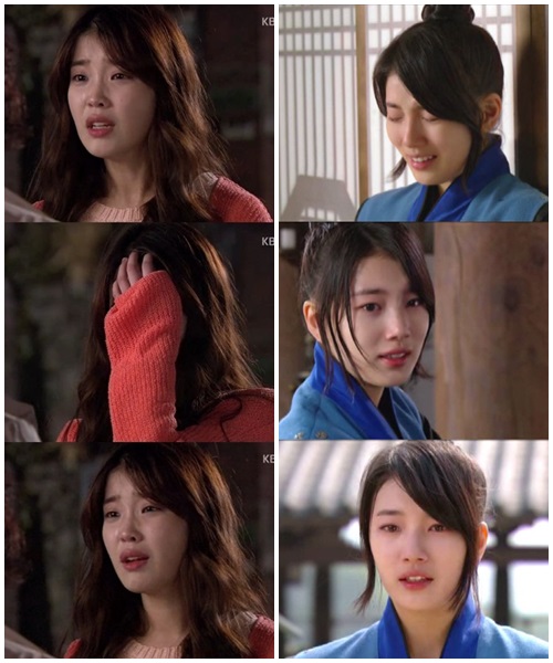 톱 여자 아이돌이자 연기자로 활동 중인 아이유(왼쪽)와 수지가 연달아 호소력 짙은 눈물 연기를 선보이면서 시청자들의 눈길을 사로잡았다./KBS2 최고다 이순신·MBC 구가의 서 방송화면