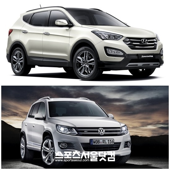 현대자동차 싼타페(위쪽)와 폭스바겐 티구안이 각각 국산차, 수입차 SUV  판매 1위를 달리고 있다.