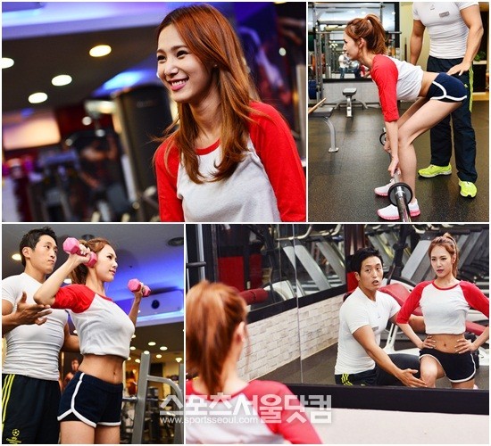 쥬얼리 김은정이 체력 보강 및 몸매 관리를 위해 헬스장에서 구슬땀을 흘리고 있다./배정한 기자