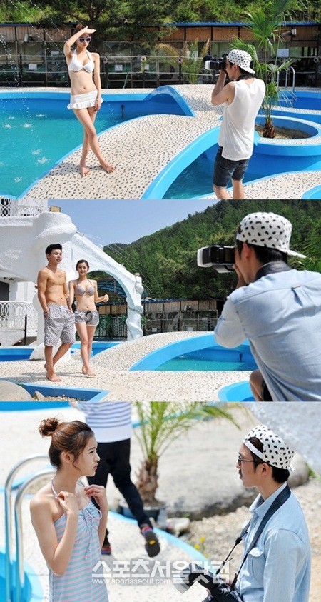 이은별(왼쪽)이 사진작가 임승주 씨와 함께 경기도 가평의 한 펜션에서 비키니 화보 촬영을 진행하고 있다./가평=문병희 기자