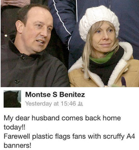 라파엘 베니테즈 감독(왼쪽)과 그의 아내, 아래는 아내의 페이스북 글. / 데일리메일 등 외신 캡처