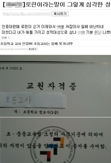 현직 초등학교 교사가 일베에서 어린이를 로린이라 칭해 논란이 되고 있다./일베 캡처