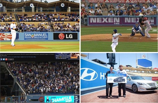 류현진 선수의 선전으로 국내 기업들의 LA 다저스 광고가 주목받고 있다./사진=LG전자 제공, 다저스 홈페이지 캡처, 현대자동차 제공, 유튜브 캡처(왼쪽 위부터 시계방향)