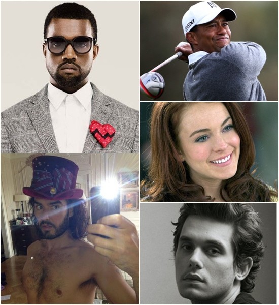 영국 대중매체 더선이 섹스에 중독된 스타 10인을 선정했다. (왼쪽 위부터 시계방향)카니예 웨스트, 타이거 우즈, 린제이 로한, 존 메이어, 러셀 브랜드./러셀 브랜드 트위터, 카니예 웨스트 앨범 재킷, 린제이 로한 스틸 컷, 존 메이어 앨범 재킷, 스포츠서울 DB