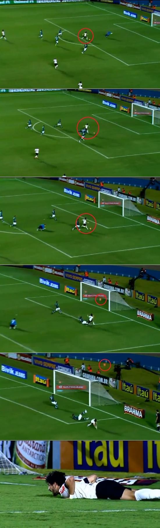 브라질의 간판 공격수 알렉산더 파투가 지난달 30일 고이아스전에서 뼈아픈 슈팅 실수로 동점골 기회를 놓쳐 자존심을 구겼다. / 유튜브 영상 캡처