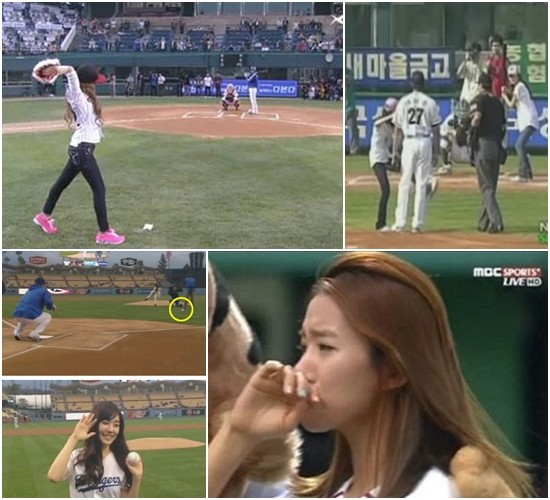 소녀시대 멤버 제시카(왼쪽 위)와 티파니(왼쪽 아래)는 패대기 시구의 굴욕을 겪었지만 유리(오른쪽 위)는 놀라운 잠수함 투구 자세를 보여줬다. 시구가 끝난 뒤 울음을 터뜨린 김정민(오른쪽 아래)은 울보상 수상자로 선정됐다. / XTM 방송 캡처, 네이버 스포츠 캡처, LA 다저스 트위터, MBC 스포츠 플러스 방송 캡처