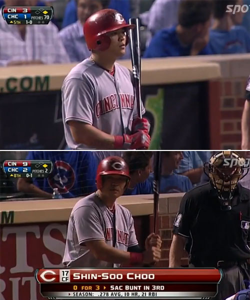 추신수가 12일 시카고 컵스전에서 경기 초반 장갑을 끼고 범타로 물러나자 8회초 맨손으로 2루타를 뽑아냈다. / 스포티비 중계 캡처