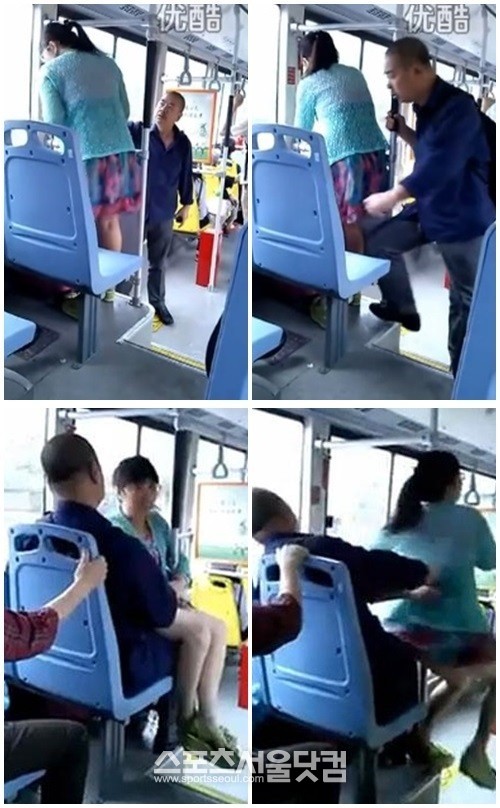중국 버스에서 50대 여성과 80대 남성이 자리 싸움을 벌이는 영상이 화제다. / 해당 영상 캡처