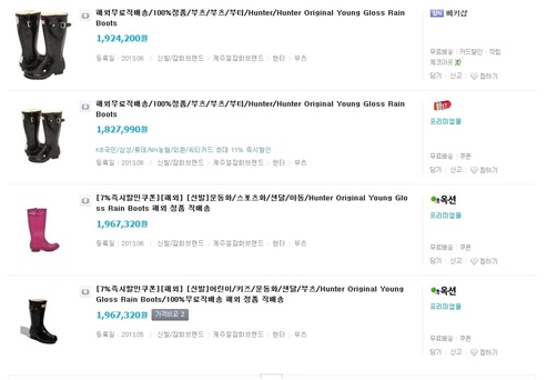 일부 온라인 쇼핑몰에서는 200만원을 호가하는 헌터 레인부츠를 판매하고 있다.