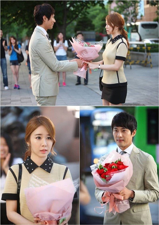 KBS 2TV 최고다 이순신에서 박찬우(고주원 분)가 이유신(유인나 분)에게 꽃다발을 주며 프러포즈를 했다. / 에이스토리 제공