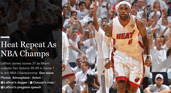 마이애미 르브론 제임스가 21일 열린 샌안토니오 스퍼스와 미국프로농구 챔피언 결정전 7차전에 득점에 성공하고 있다. / NBA 홈페이지 캡처