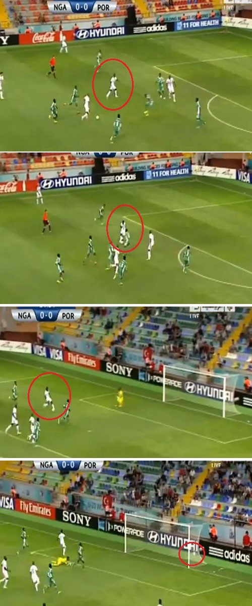 포르투갈 20세 이하 대표팀 공격수 브루마가 22일 열린 2013 국제축구연맹 U-20 월드컵 조별리그 B조 1차전 나이지리아전에서 전반 30분 골을 터뜨리고 있다. / 유튜브 영상 캡처