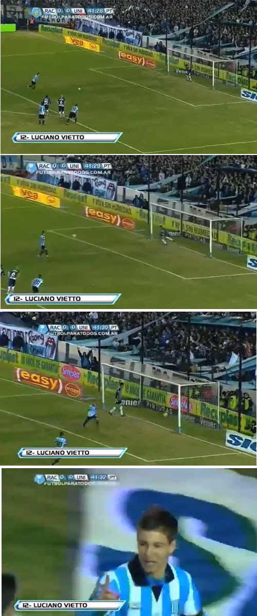 라싱 클럽 공격수 루시아노 비에토가 22일 아르헨티나 프리메라 디비시온 유니언 산타페전에서 전반 42분 환상적인 파넨카 킥을 성공하고 있다. / 유튜브 영상 캡처