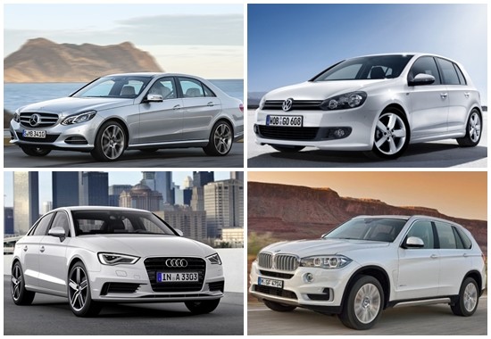 메르세데스-벤츠 더 뉴 E-Class, 폭스바겐 7세대 골프, BMW SUV 3세대 X5, 아우디 A3 세단(왼쪽 위부터 시계방향)