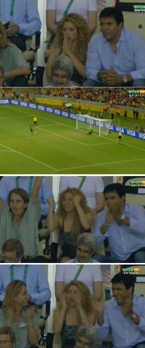 샤키라가 28일 열린 2013 국제축구연맹(FIFA) 컨페더레이션스컵 준결승 스페인-이탈리아전 승부차기에서 남편 헤라르도 피케가 골을 넣자 기뻐하고 있다. / 유튜브 영상 캡처