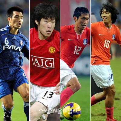 2005년 맨체스터 유나이티드 유니폼을 입은 박지성(왼쪽 두 번째)을 기점으로 프리미어리그에 진출한 조원희 이영표 박주영(왼쪽 부터).