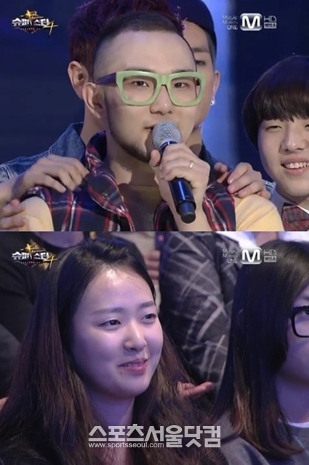 계범주(위)가 슈스케4 첫 생방송 경연에서 탈락한 뒤 여자 친구에게 인사하고 있다. /엠넷 슈스케4 방송 캡처