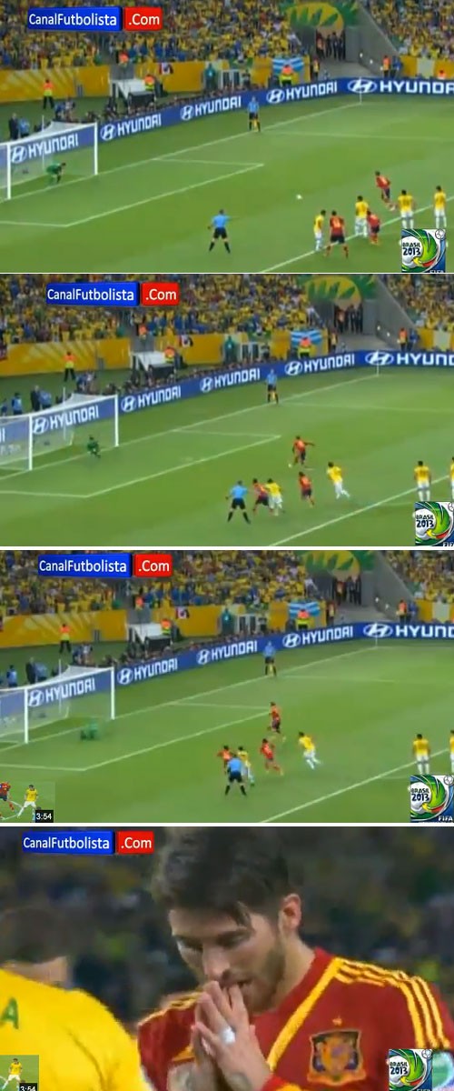 세르히오 라모스가 1일 열린 2013 국제축구연맹 컨페더레이션스컵 브라질과 결승전에서 후반 9분 페널티 킥을 놓치고 있다. / 유튜브 영상 캡처