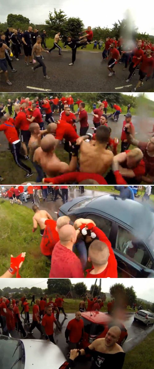 스웨덴 훌리건들이 지난달 29일 덴마크에서 서로 주먹다짐을 벌이고 있다. / 유튜브 영상 캡처