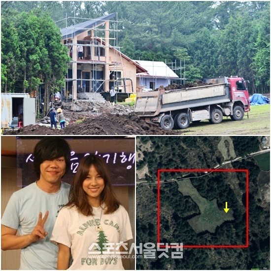 이효리가 제주시 애월읍에 짓고 있는 별장이 외관의 형태를 거의 갖추는 등 완공 단계에 접어들고 있다. 아래 오른쪽 사진에서 T자 모양의 넓은 들판 모두가 대지와 앞마당으로 화살표 지점에 2층집이 지어지고 있다.<더팩트>어플 포토플러스에서 미공개 사진을 더 볼 수 있다. / 제주=배정한 기자