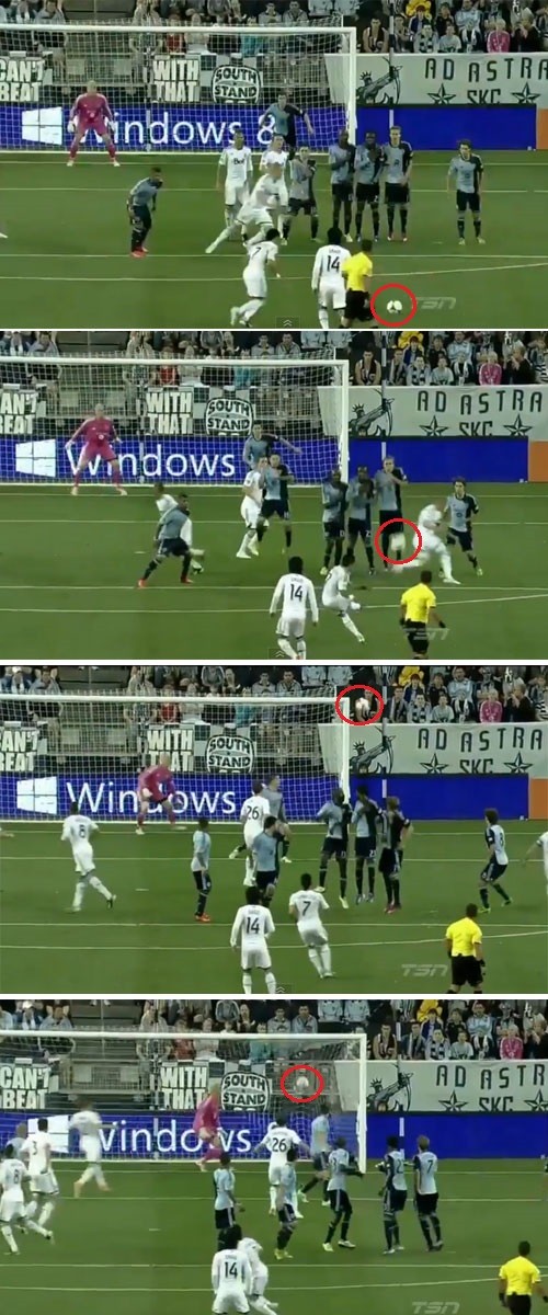 밴쿠버 화이트캡스의 카밀로 산베조가 4일 열린 미국 메이저리그사커 스포르팅 캔자시스티와 리그 경기에서 전반 44분 환상적인 프리킥 골을 터뜨리고 있다. / 유튜브 영상 캡처