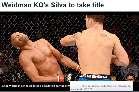 앤더슨 실바(왼쪽)가 크리스 와이드먼에 패하며 UFC 미들급 타이틀 11차 방어에17연승에 실패했다. /출처=폭스스포츠 캡처