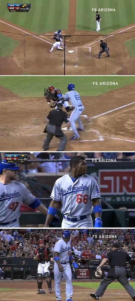 10일 체이스 필드에서 열린 LA 다저스-애리조나 다이아몬드백스와 경기에서 5회 충돌한 야시엘
푸이그와 미겔 몬테로. / 유튜브 영상 캡처