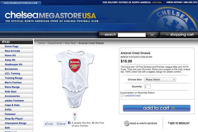 아스널 구단의 아기용 옷이 판매되고 있는 첼시 메가스토어USA. / 첼시 메가스토어USA 캡처