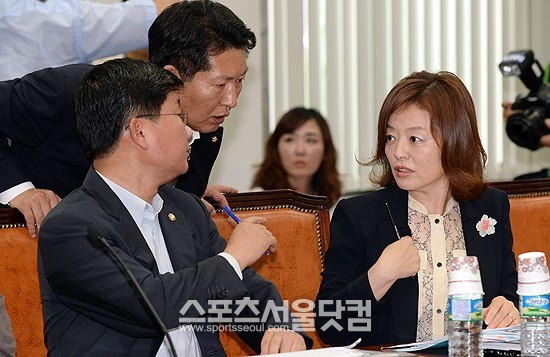 16일 오후 서울 여의도 국회에서 국정원 국정조사 특별위원회가 열린 가운데 민주당 간사인 정청래 의원(왼쪽 위)과 전해철, 진선미 의원이 발언순서를 협의하고 있다./임영무 기자