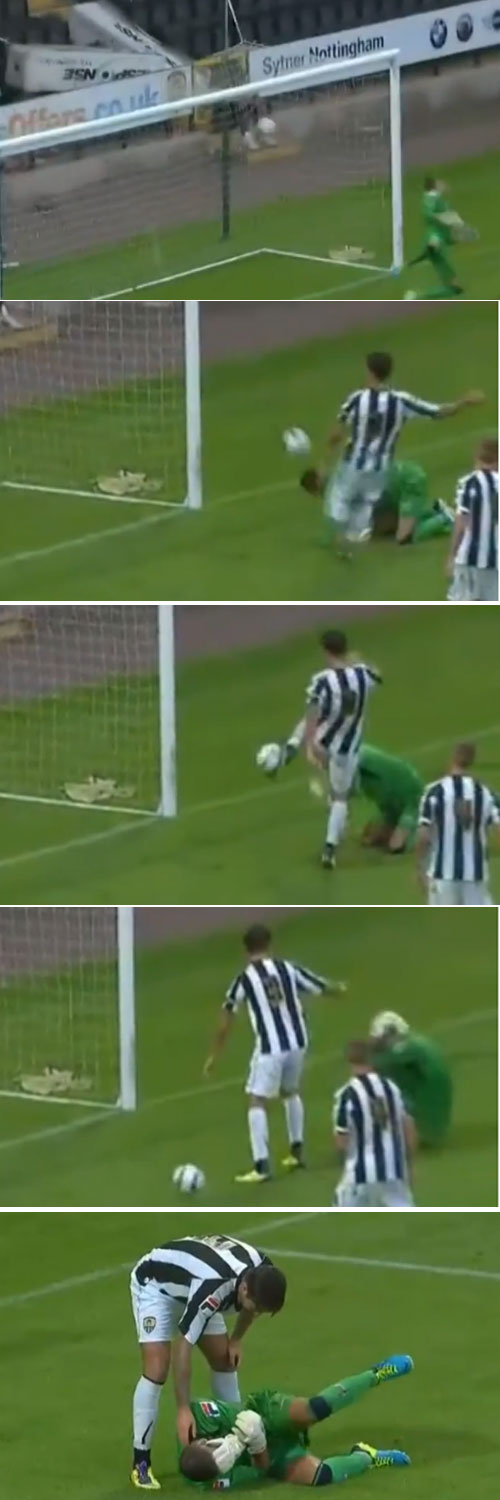 노츠 카운티 골키퍼 바르토즈 비알코프스키가 16일 열린 갈라타사라이와 경기에서 후반 35분 팀 동료 앨런 셰한에게 머리를 걷어차이고 있다. / 유튜브 영상 캡처