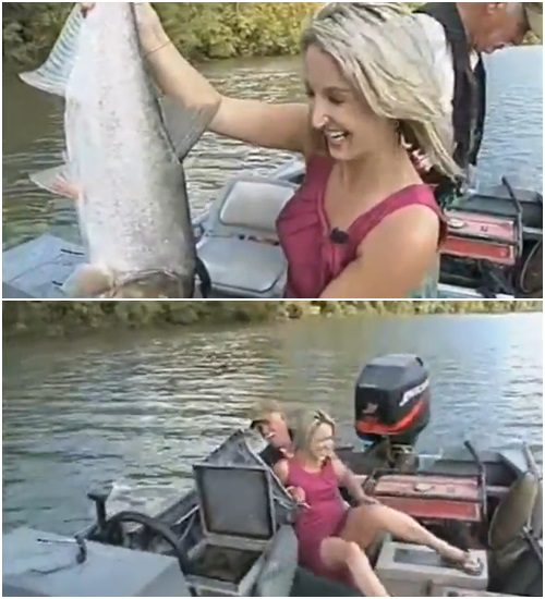 미모의 여자 아나운서가 방송 중 넘어지는 모습이 카메라에 담겨 눈길을 끈다./유튜브 영상 캡처