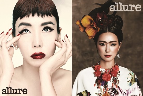 할리우드 여배우 캐릭터를 표현한 배우 김정은(왼쪽)과 프리다칼로를 재현한 배우 오연수./얼루어 코리아 제공